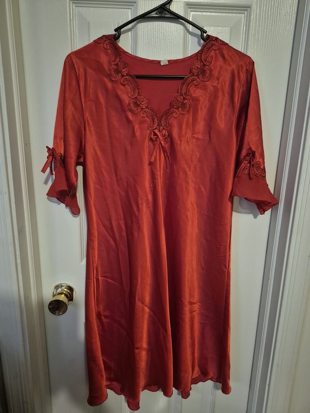 Red Satin Nightgown with Lace Trim